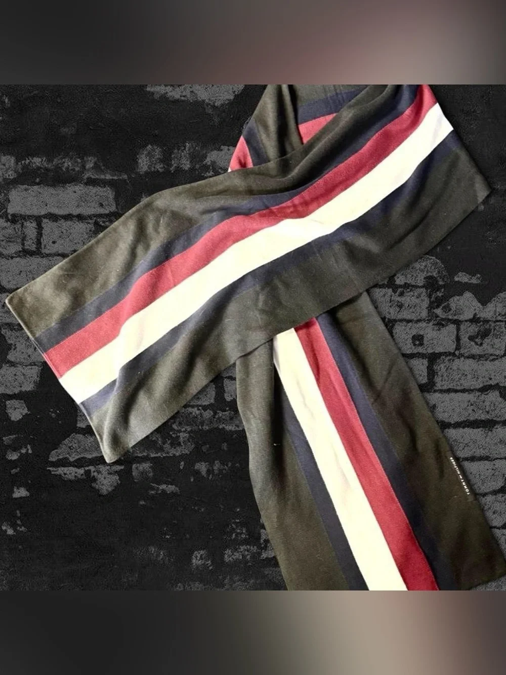 Tommy Hilfiger Black Scarf with Red, White & Navy Stripe Detail